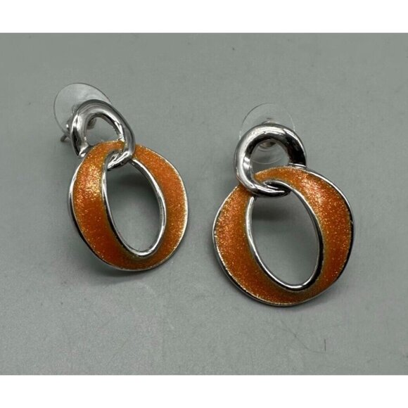 3/$30 Oval Link Earrings Orange Enamel Silver Tone Pierced Statement Shimmer 1" - Picture 3 of 9
